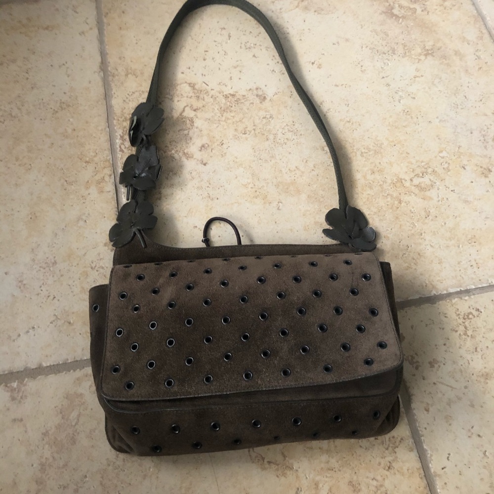 Prada suede grommet shoulder bag w/ leather flower